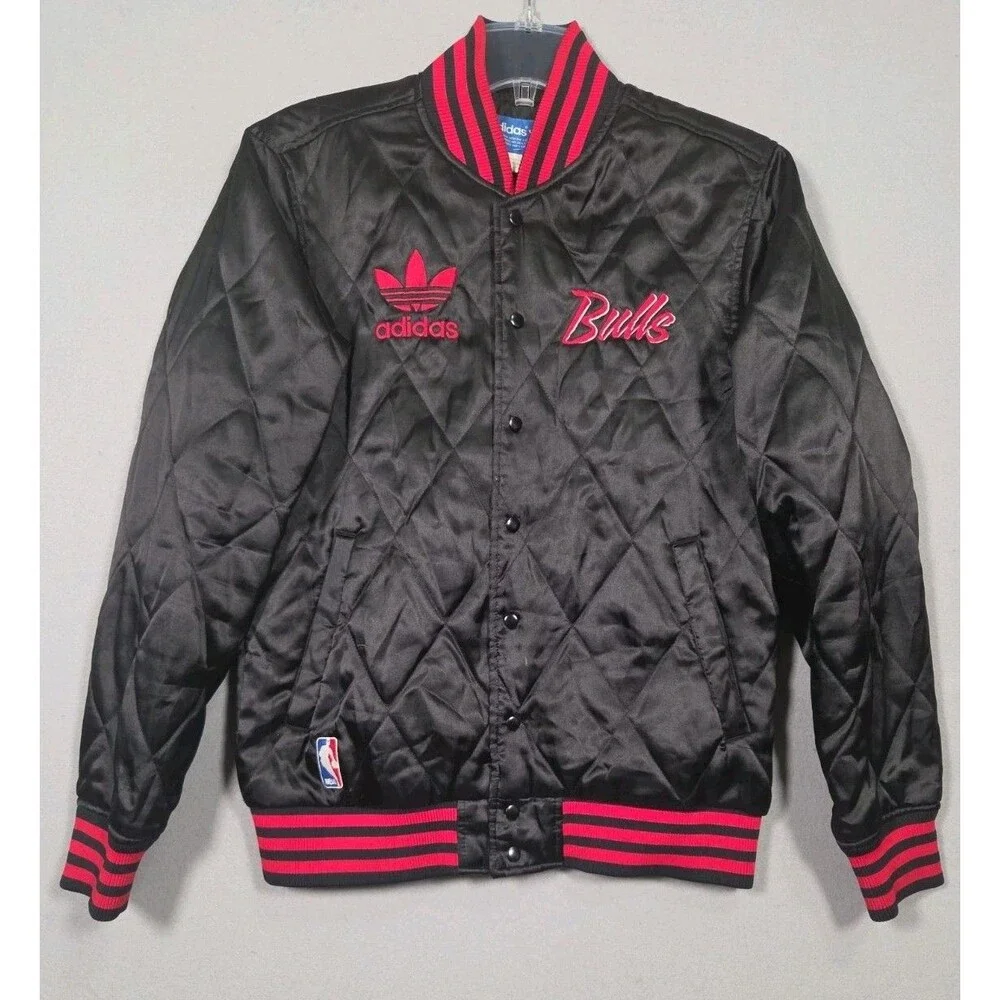 Vtg Adidas Chicago Bulls Jacket Mens S Black Red Diamond Quilted Jacket NBA Y2K